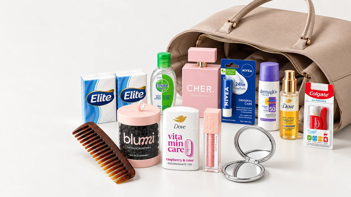 Los doce productos del kit saliendo de una cartera
