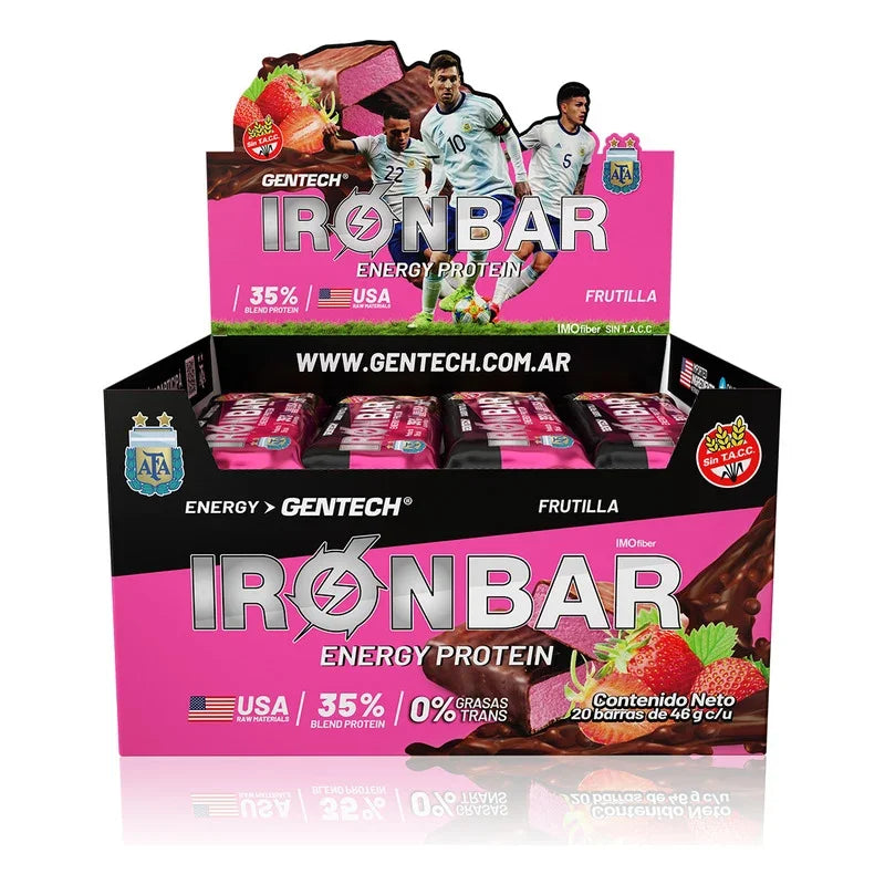 Iron Bar Afa Gentech Barra Proteica Sabor Frutilla X 20 Unidades. Suplemento Deportivo Libre De Gluten
