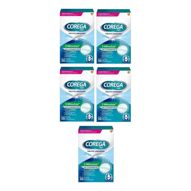 Pack X5 Corega Tabs Limpiador Prótesis Dental 3 Min X 30 Un