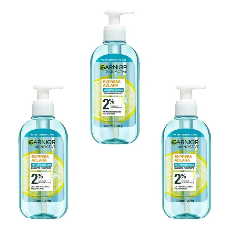 Pack X 3 Gel De Limpieza Garnier Express 200ml Piel Con Tendencia Al Acné Día/noche