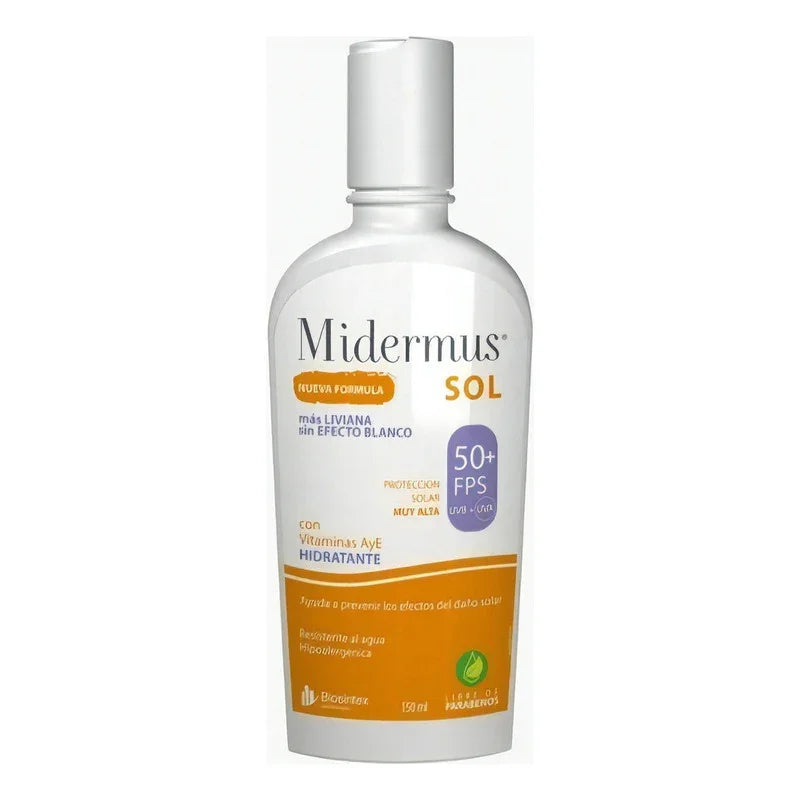 Protector solar Midermus Sol FPS 50+ hidratante con vitaminas A y E, sin efecto blanco, 150 ml