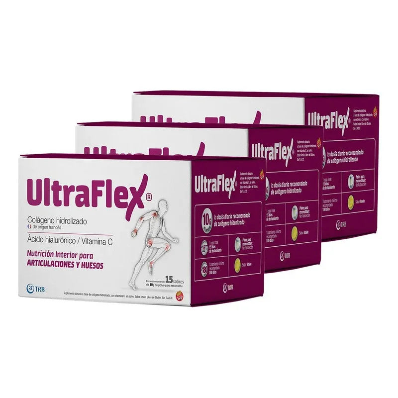 Pack 3 Ultraflex Colágeno Hidrolizado Sobres Articulaciones Sabor Limón