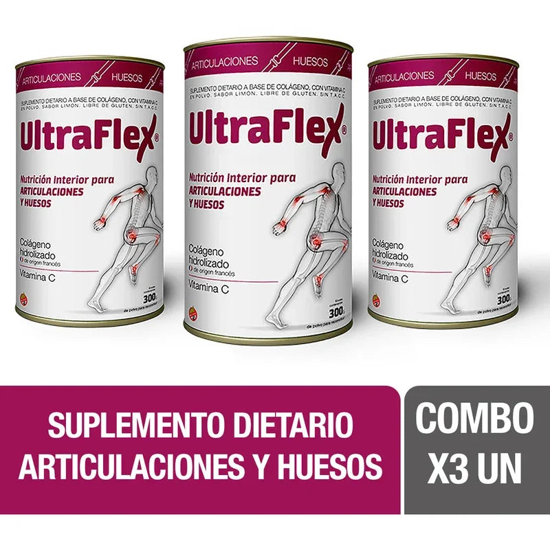 Pack X3 Suplemento Colágeno Trb Pharma Ultraflex En Polvo Sabor Limón 300g