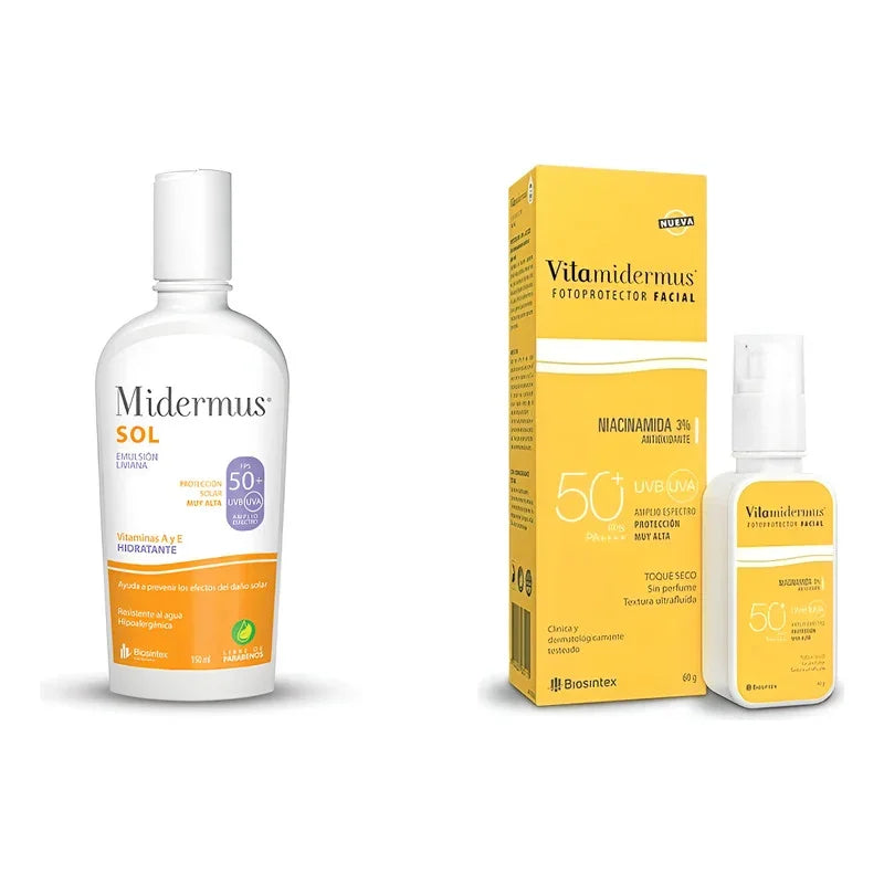 Protector solar Midermus SPF 50+ y fotoprotector facial Vitamidermus con niacinamida, ideal para cuidado personal y bienestar.