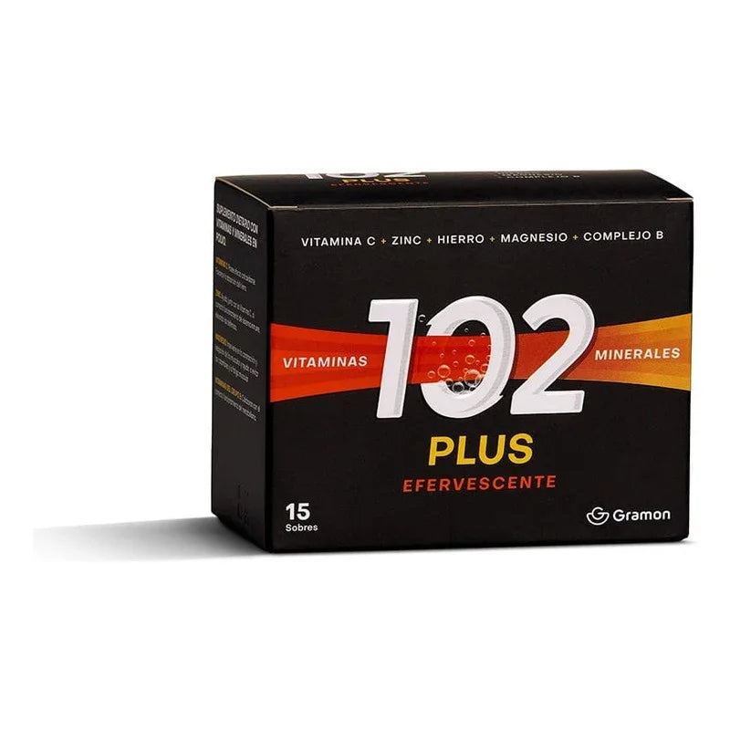 Suplemento efervescente 102 Plus con vitaminas y minerales, 15 sobres para salud y bienestar