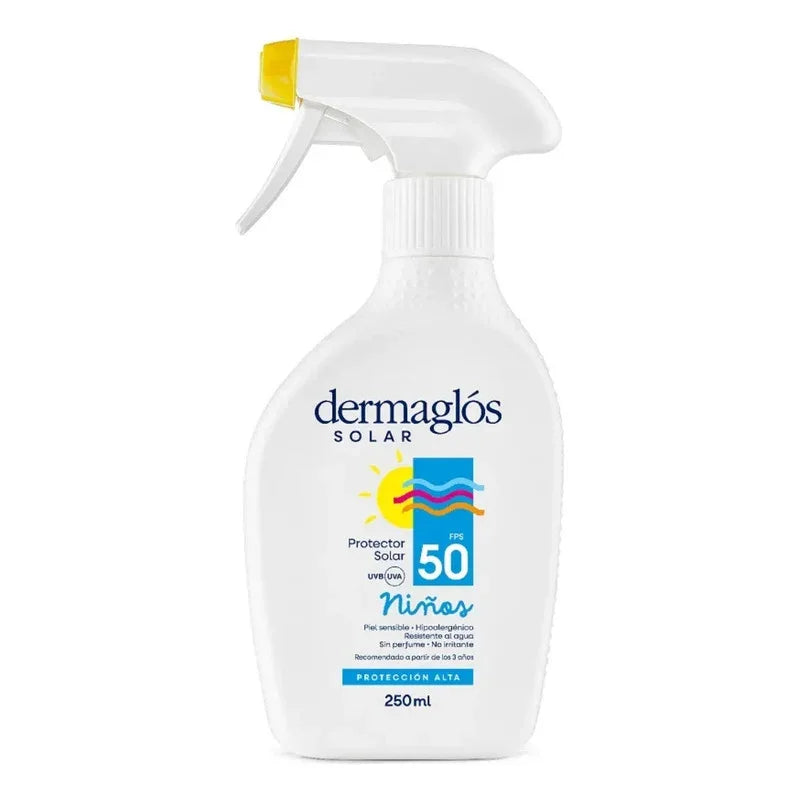 Protector solar Dermaglós para niños FPS 50, spray 250ml, protección alta sin perfume, ideal para piel sensible