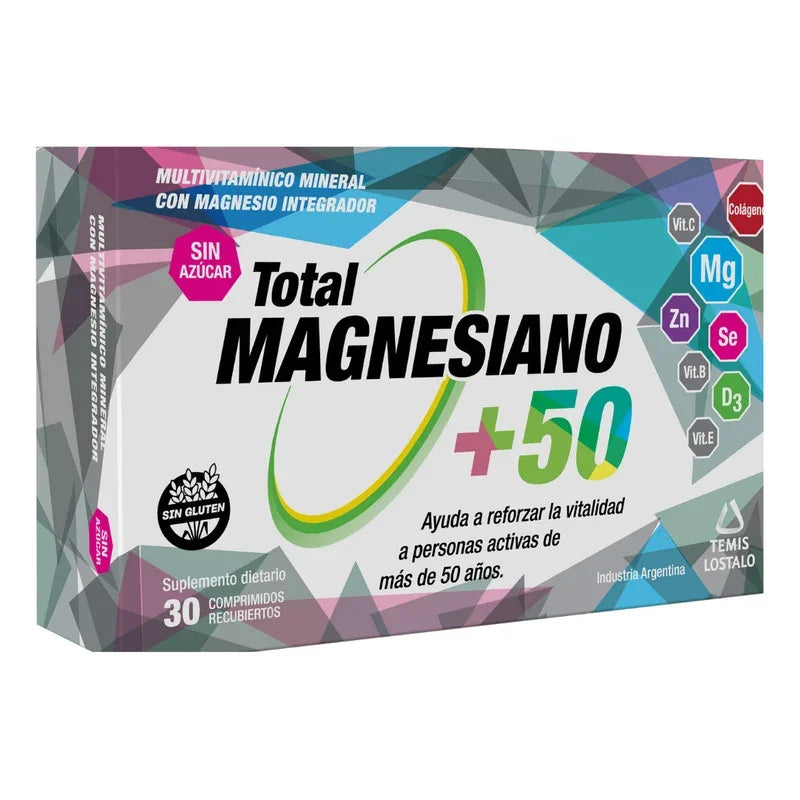 Suplemento Total Magnesiano +50 para adultos mayores, sin azúcar ni gluten, con magnesio y vitaminas