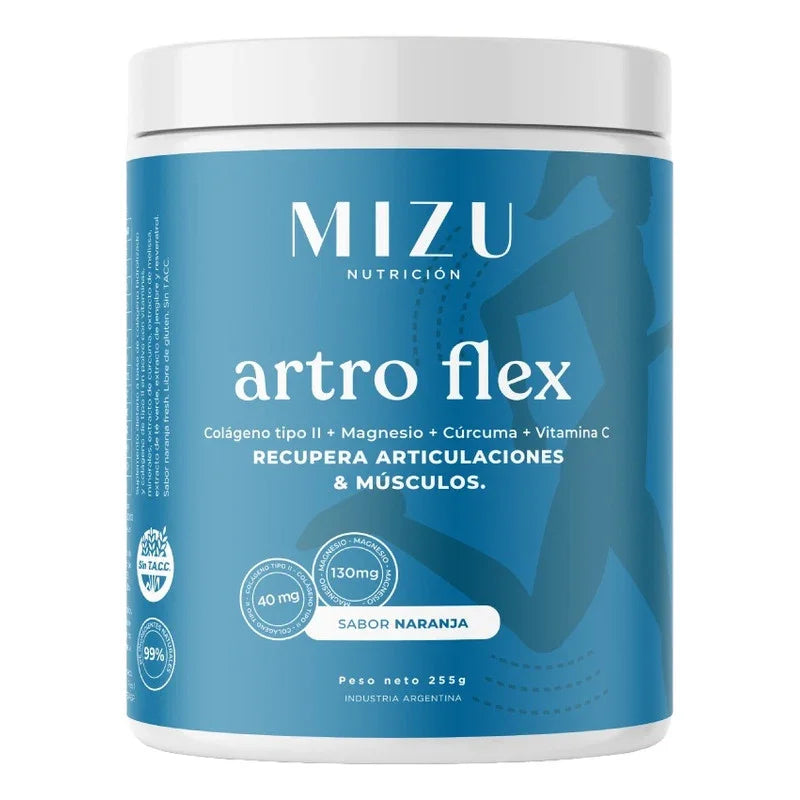 Suplemento Mizu Artro Flex con colágeno tipo II, magnesio y cúrcuma sabor naranja.