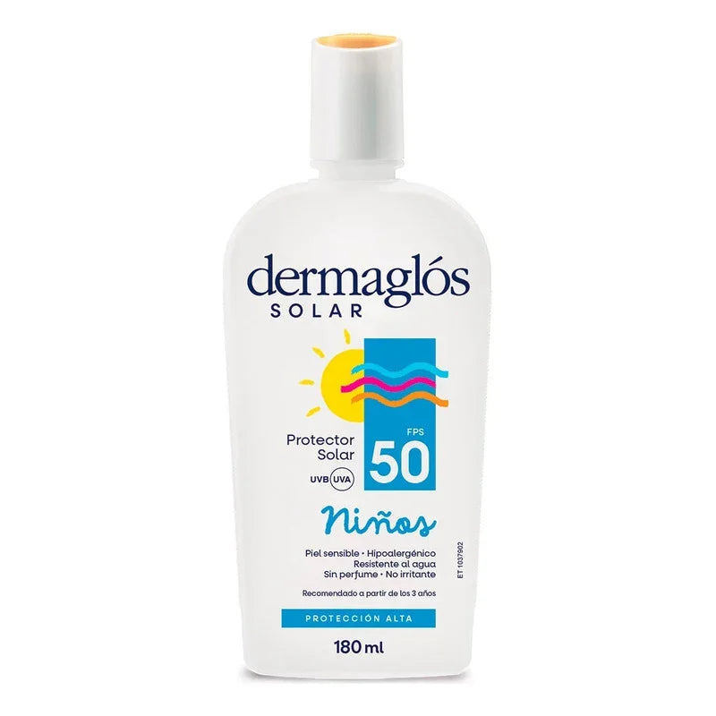 Protector solar Dermaglós Niños FPS 50, 180 ml, para piel sensible, sin perfume, resistente al agua