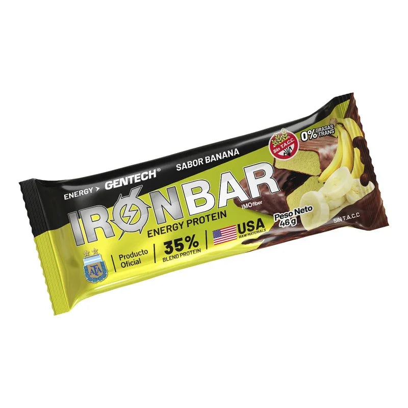 Barra Proteica Iron Bar Gentech Afa Sabor Banana Caja X 20 Unidades. Sin Gluten. Suplemento Deportivo Con 15g De Proteínas