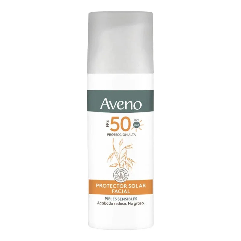 Protector solar facial Aveno FPS 50 para pieles sensibles, acabado sedoso y sin grasa
