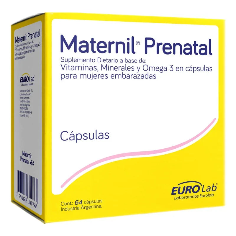 Eurolab Maternil Prenatal Multivitamínico Omega 3 Para Embarazo X64 Cápsulas Sin Sabor