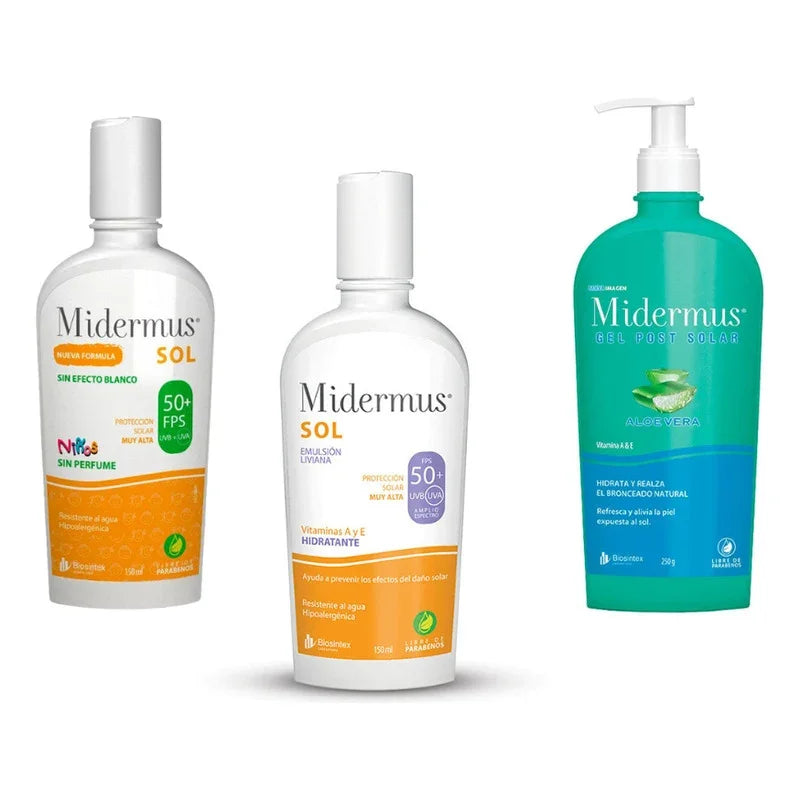  protector solar Midermus para niños y adultos, gel post solar con aloe vera, FPS 50+ hidratante