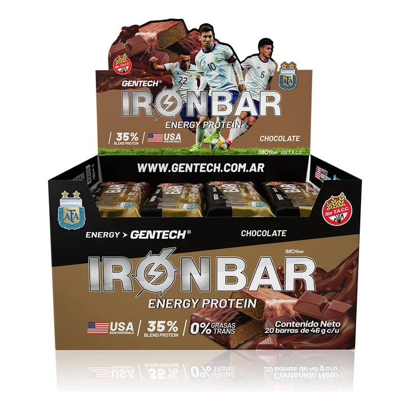 Barra Proteica Iron Bar Gentech Afa Chocolate Caja X20 Suplemento Snack 15g Proteína Sin Gluten