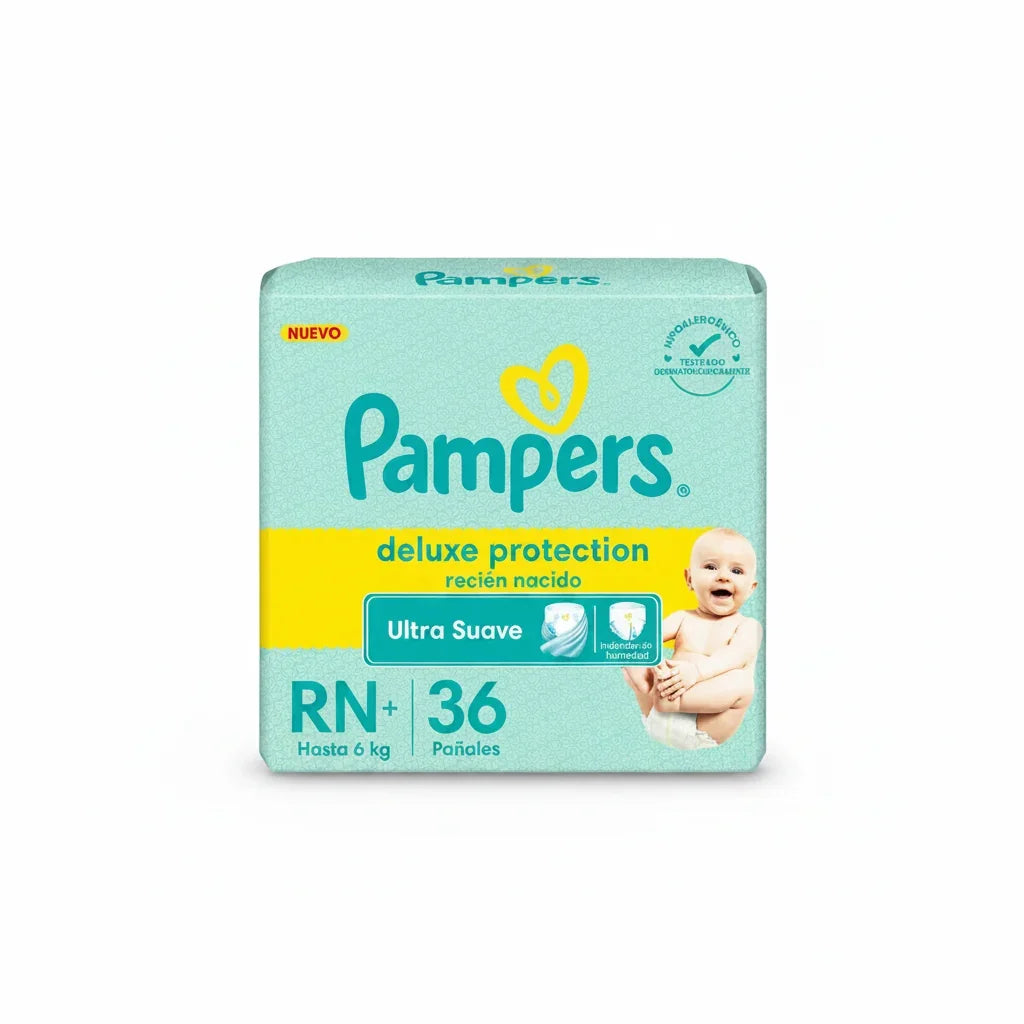 Pañales Pampers Deluxe Protection Recién Nacido. Talle RN+, 36 Unidades.