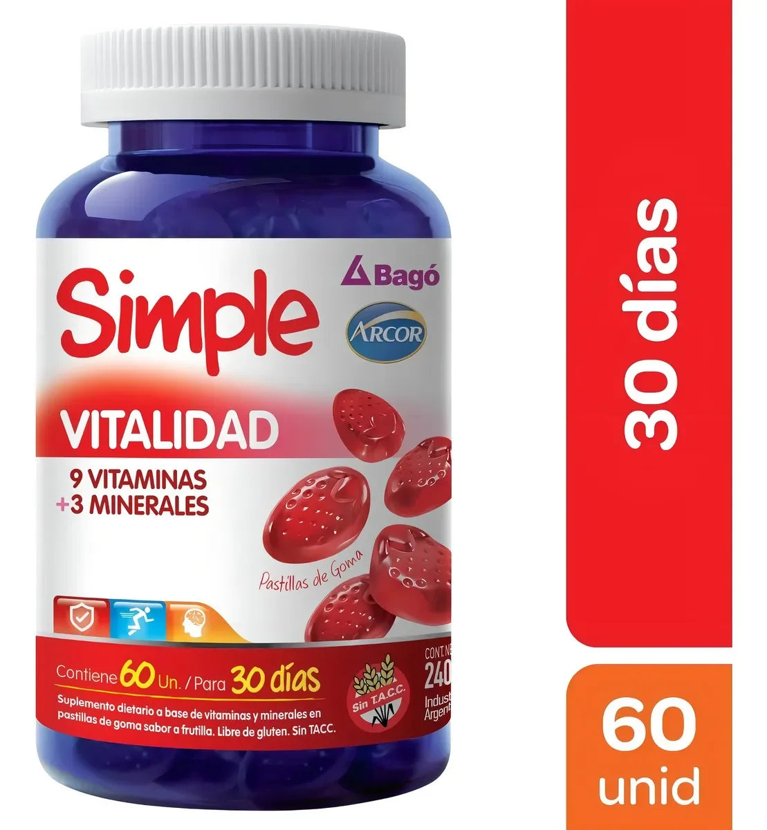 Simple Bago Vitalidad Minerales Vitaminas 60 Pastillas Goma Sabor Frutilla