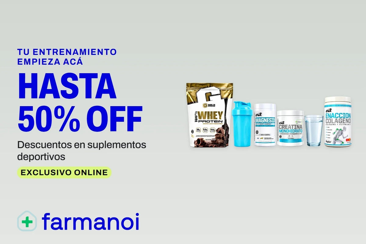 Tu entrenamiento empieza acá · hasta 50% off en suplementos